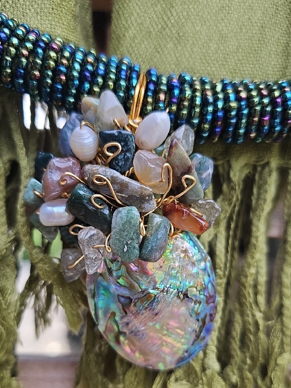 Olive Green Pashmina Scarf Necklace with Abalone & Gemstone Pendant